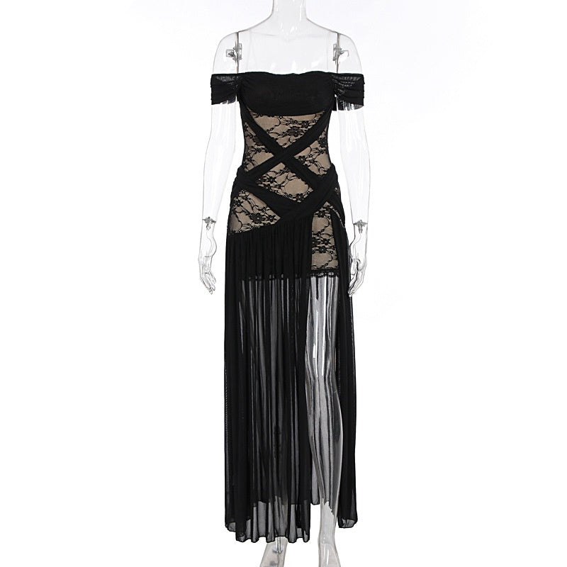 Close-up of corset bodice details on a black lace maxi dress