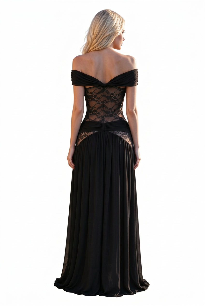 Elegant black formal evening gown with a high leg slit