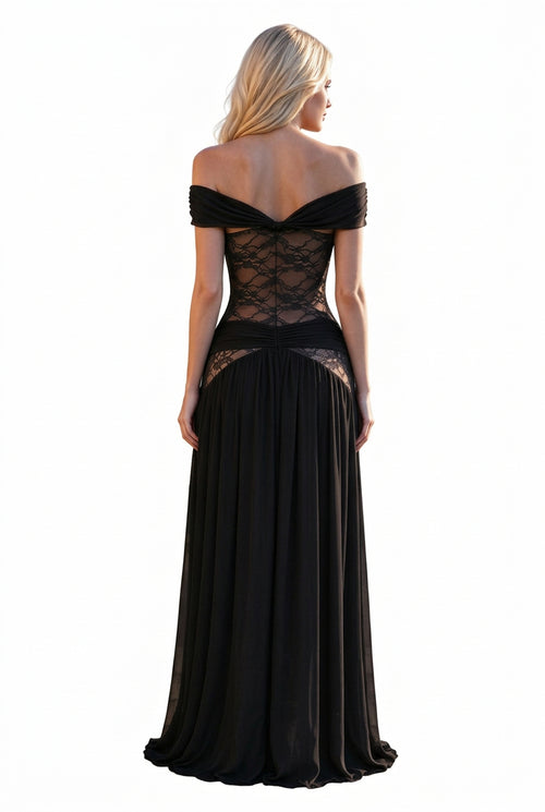 Elegant black formal evening gown with a high leg slit