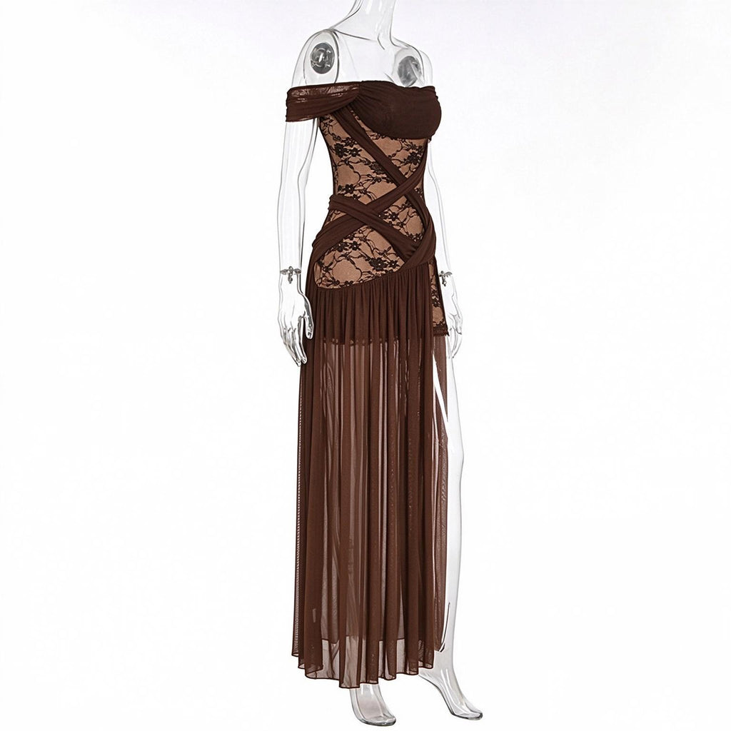 Sheer floral lace and criss-cross detailing on an evening gown