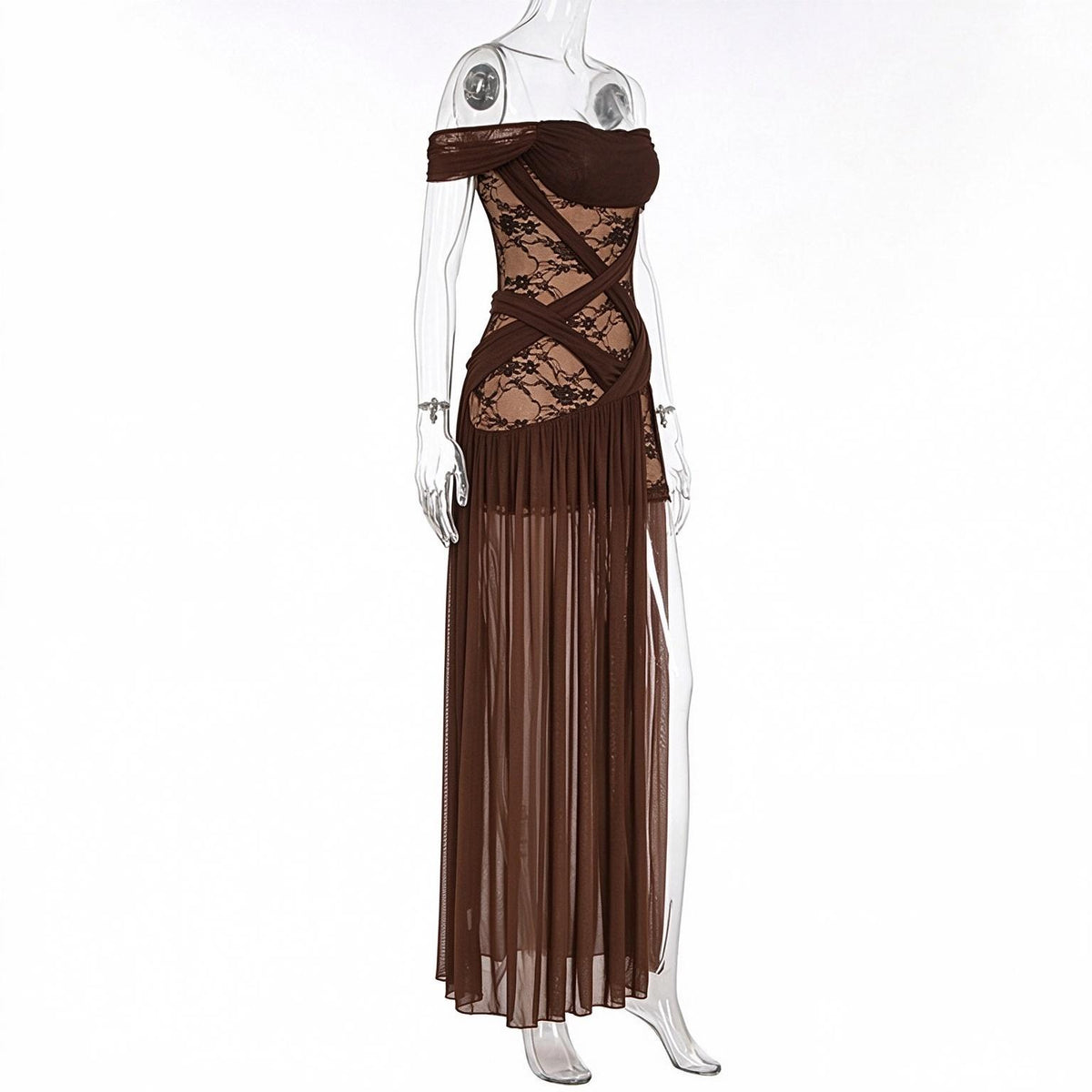 Sheer floral lace and criss-cross detailing on an evening gown