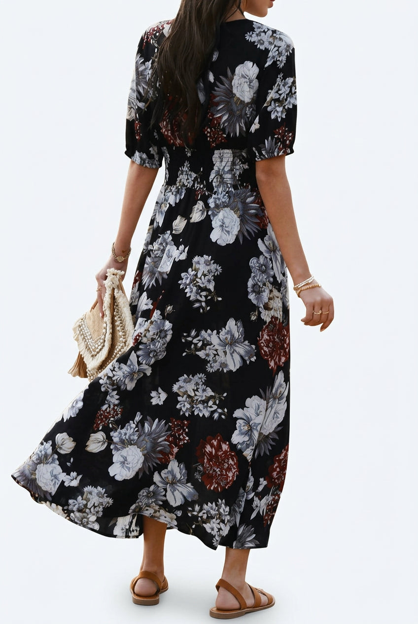 Flowing mid-length floral dress with a graceful large hemline