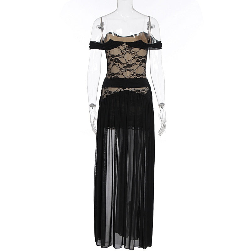 Draped off-shoulder neckline on a black formal evening dress