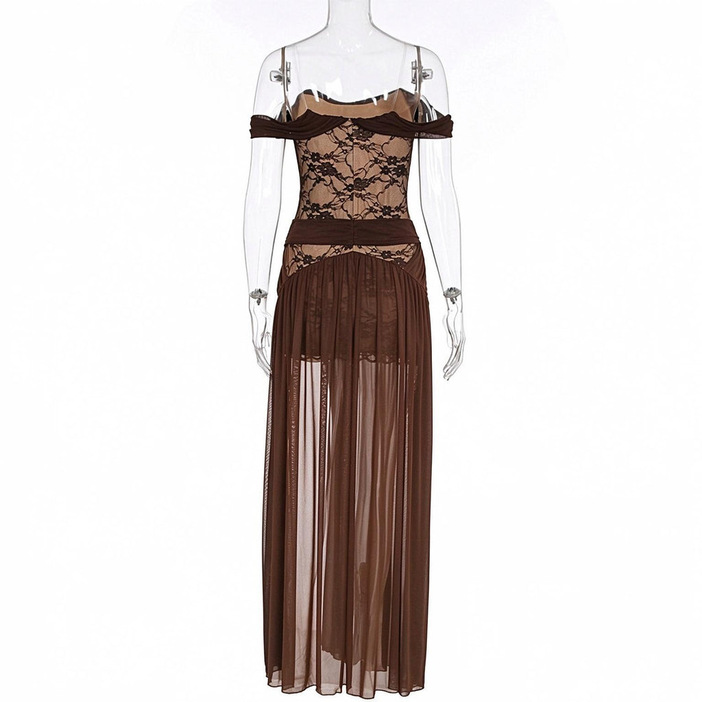 Flowing pleated mesh maxi skirt on a black party dress