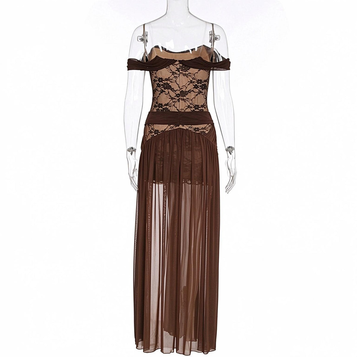 Flowing pleated mesh maxi skirt on a black party dress
