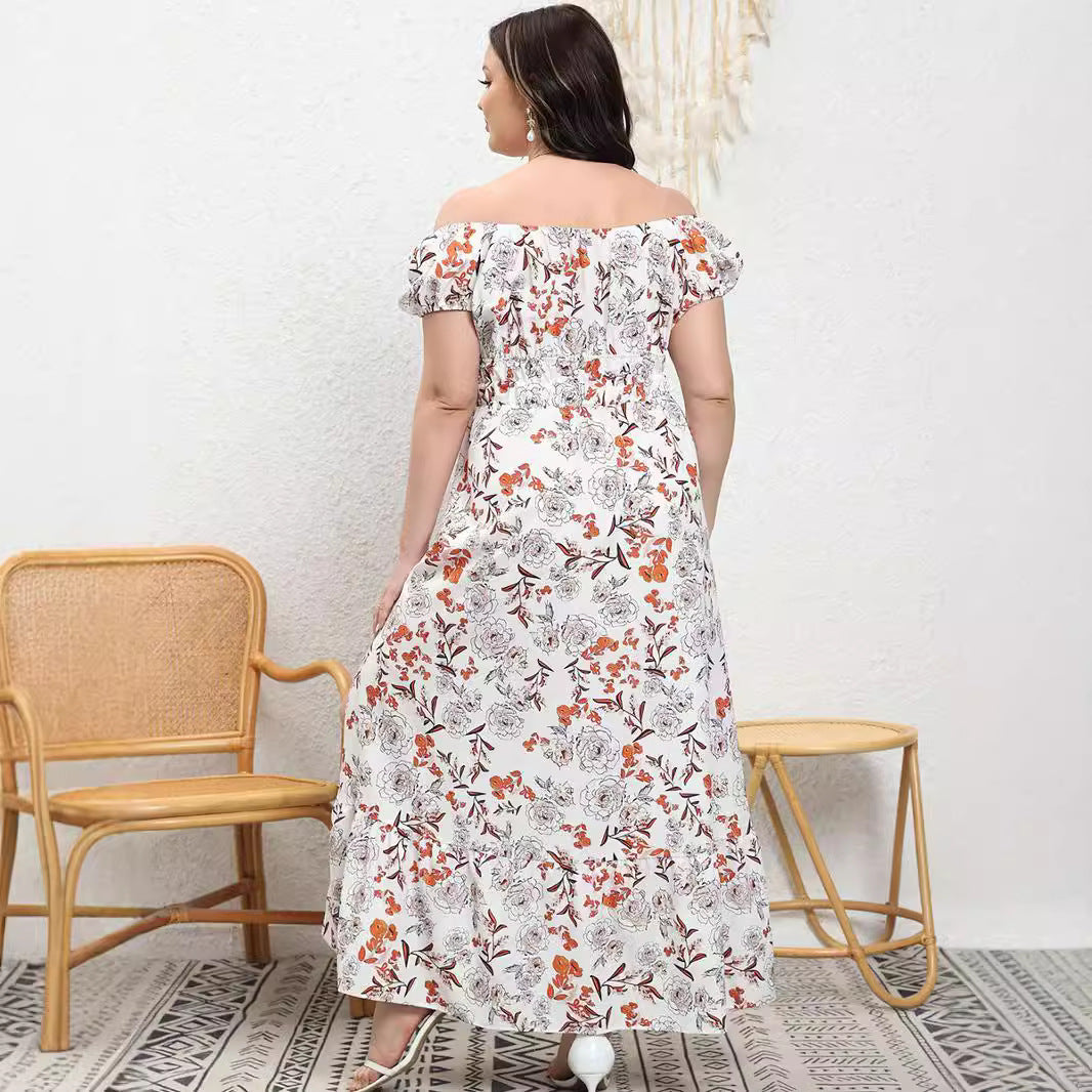 Close-up of smocked elastic bodice details on a plus-size floral sundress