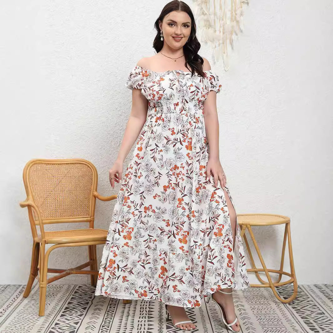 Women's plus-size floral print summer dress featuring an off-shoulder neckline