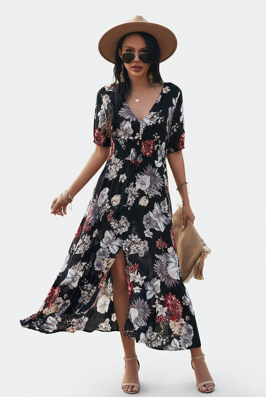Vibrant yellow floral print vacation dress with short sleeves